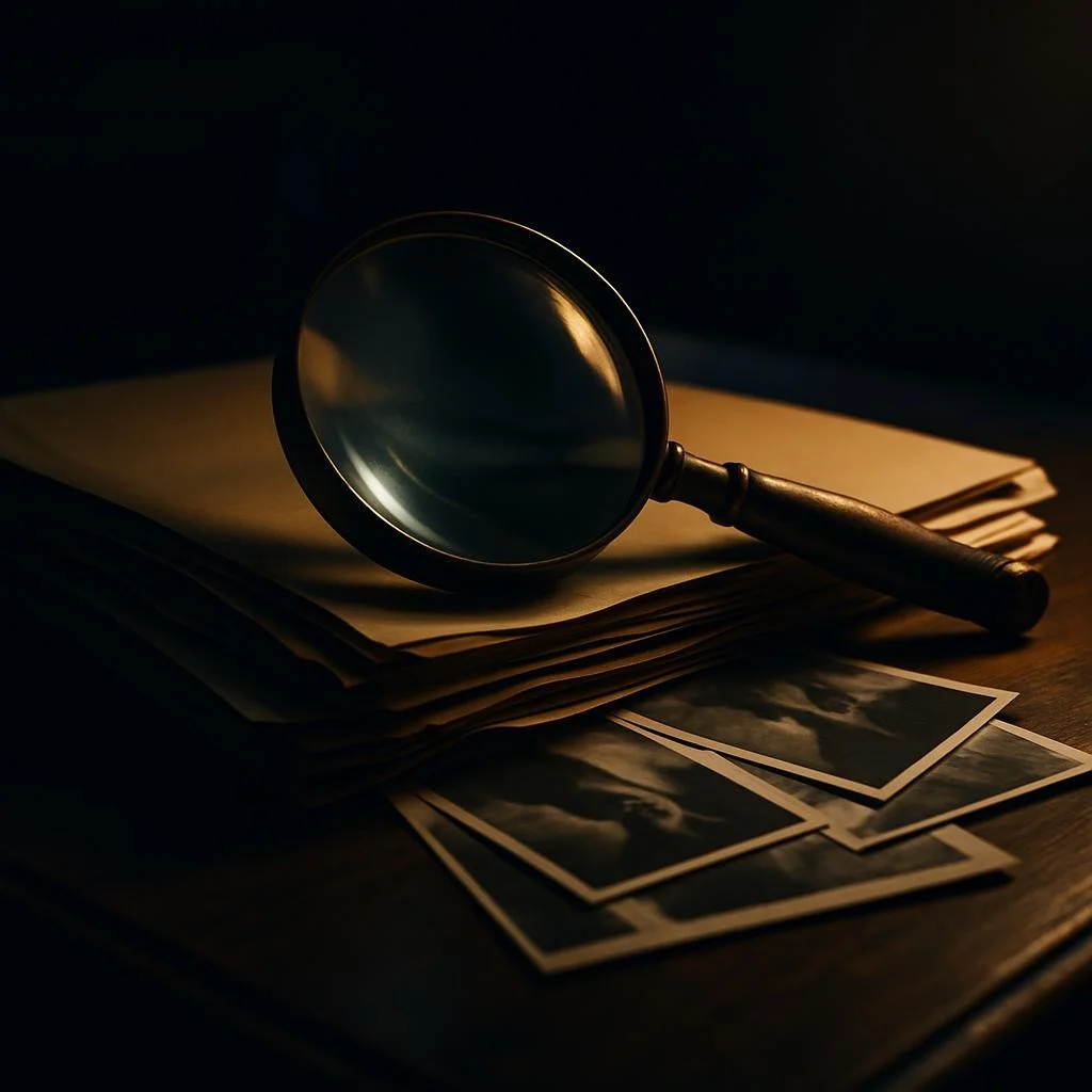Magnifying glass over case files representing private investigations