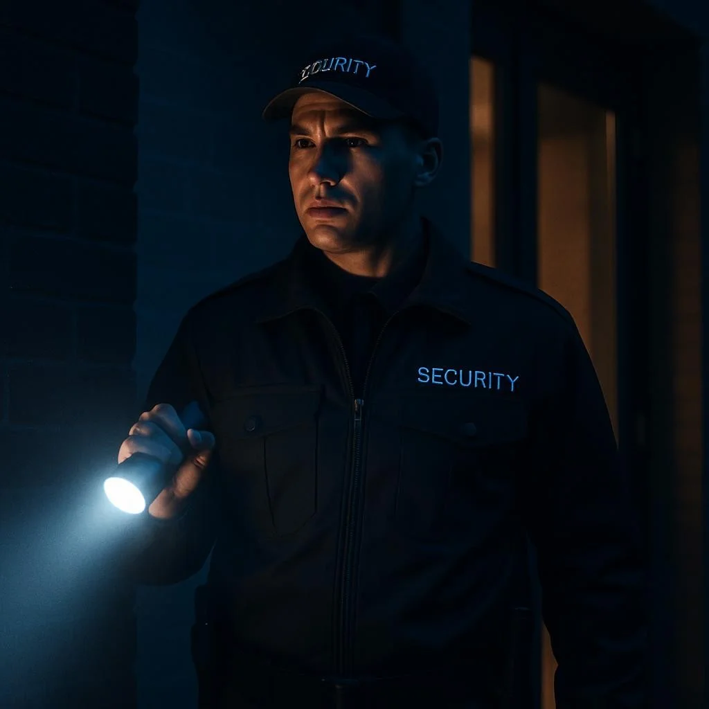 Security guard on duty at night representing Eagle Eye's security services